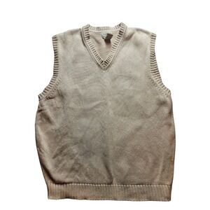 LL Bean Men Sweater Vest Large Beige Oatmeal 100% Cotton V-Neck Knit Vintage Y2K